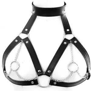 여성용 바디 가슴 하네스 벨트 조절 가능 PU 가죽 고딕 펑크 칼라 초커 넥 허리 홀터 BDSM 코스프레 본디지