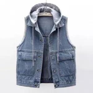 워싱 데님 탈착 모자 캐주얼 청 조끼 hBg8+4Xzi