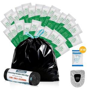 휴대용 변기 가방 똥 젤 세트, 흡수 젤과 일회용 변기가 포함된 8갤런 드로스트링 캠핑 가방, 야외 하이킹을 위한 퇴비화 가능한 두꺼운