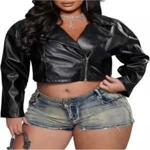 보드럼 여성용 플러스 사이즈 인조 가죽 재킷 풀 지퍼 긴팔 폭격기 아우터웨어 크롭 모터사이클 바이커