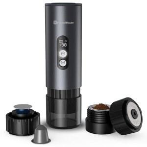 마에스트리 하우스 150W 에스프레소 메이커, 2-3분 빠른 자가 가열, 소형 티컵 포함 휴대용 여행용 커피 머신, 자동차 캠핑, RV, 하이킹을 위한 NS 캡슐 및 분쇄 홀더도 갖추고 있습니다