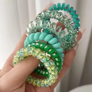 스프링 전화선 컬러 헤어 머리 끈 6개 세트 그린 머리끈 똥머리 고무줄 당고 선머리끈