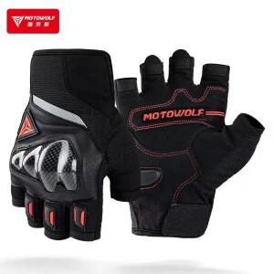모토울프 여름 바이크 오토바이 라이딩 장갑 통기성 하프 핑거 가죽 레트로 핑거리스 카본 파이버 낙하 방