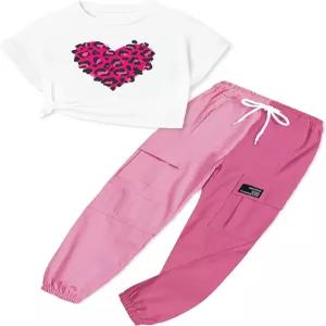 아트마인 걸스 투피스 캐주얼 드로스트링 조거 팬츠와 루즈 크롭 탑 세트 6-14년