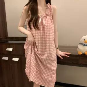 여성 원피스 체크리본 잠옷 나시 파자마 캡 내장