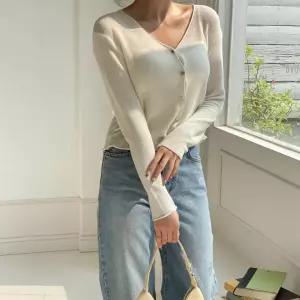 여성 브이넥 니트 간절기 봄 여름 긴팔 가디건 반팔 숏 볼레로 미니