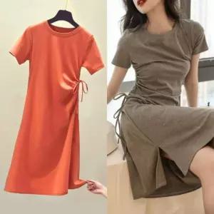 옆트임 조절 면 반팔 원피스 실내복