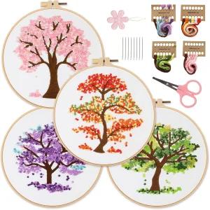 초보자를 위한 시빌라이프 자수 스타터 키트 스탬프 크로스 스티치 4세트 시즌 트리 패턴 핸드 DIY 후프