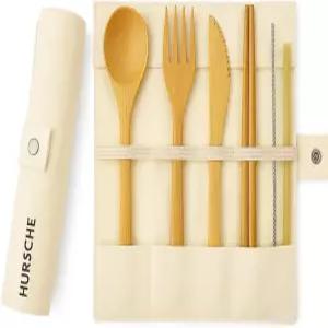 허쉬 대나무 식기 세트 (케이스 포함) - 재사용 가능한 휴대용 커틀러리 및 나무 포크 숟가락 나이프