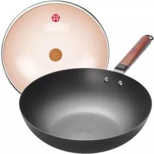 WANGYUANJI 12.6 순철 웍 유리 뚜껑 평평한 바닥의 가벼운 중국식 볶음 팬 나무 손잡이 코팅되지 않음 -