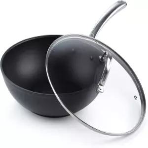 요리 표준 논스틱 웍 팬 11인치 단단한 양극 산화 처리된 깊은 프라이팬 유리 뚜껑 평평한 바닥 검은색