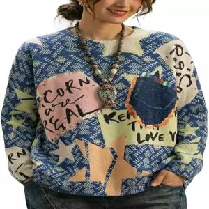 여성 보호 크리스마스 스웨터 오버사이즈 긴팔 그래픽 니트 풀오버 루즈핏 캐주얼 상의와 드롭 숄더