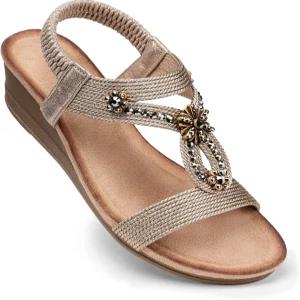 시바 여성 웨지 샌들 플라워 로우 힐 드레시 탄력 있는 발목 스트랩 라인스톤 여름 편안한 신발