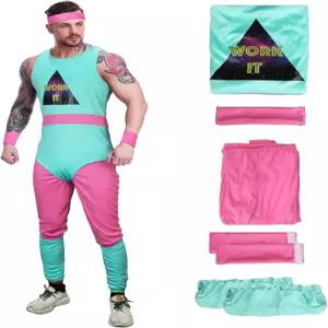 태핑키스 5피스 남성 80년대 운동복 피트니스 운동 바디수트 블루 레오타드 레깅스 레그 워머 머리띠