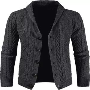 JMIERR 남성 캐주얼 울 블렌드 가디건 스웨터 긴팔 숄 칼라 버튼 다운 케이블 니트