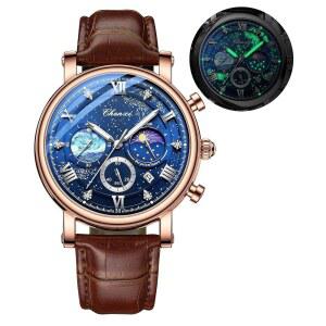 팬미스 남성 클래식 다기능 밀리터리 스포츠 아날로그 시계 비즈니스 드레스 방수 야광 그래프 별이 빛나는 하늘 달 페이즈 가죽 손목시계