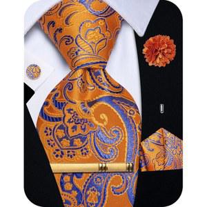 Yourties 실크 넥타이 남성 페이즐리 포켓 사각 커프링크 타이 클립 라펠 핀 브로치 세트 웨딩 비즈니스 파티