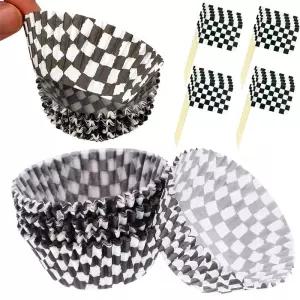 레이싱 카 테마 파티 장식 체크 무늬 종이 컵 케이크 토퍼 레이스 자동차 생일 용품