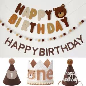 귀여운 곰 생일 모자 두꺼운 부직포 펠트 배너 볼 스트링 베이비 샤워 파티 장식 용품