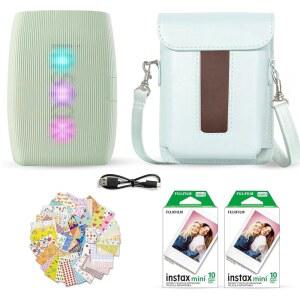 후지필름 인스탁스 미니 링크 3 스마트폰 보호 (20매) USB 필름 그린 팩 세이지 후지 번들, + 셔터 밸류 액세서리 케이스, 스티커 프린터 20개, 포함. 프레임 C 케이블 타입