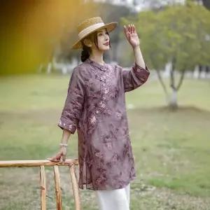 피콜로 여자 하프 여름 데일리룩 셔츠 루즈핏롱 모시 디지털 프린트 단추 자수 톱 KUK1