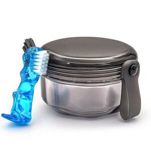 스트레이너 바구니와 브러시로 틀니를 담글 수 있는 누수 방지 틀니 컵, 얼라이너, 틀니, 마우스 가드용 부분 목욕 케이스 여행용 리테이너 청소 용기 - 투명 블랙