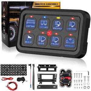 8 갱 스위치 패널 제어 패널, 자동 디밍 가능한 범용 보조 회로 릴레이 박스가 장착된 RGB 토글 순간 펄스 차량 픽업 트럭 지프 보트 UTV 방수 기능 제공