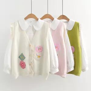 여성셔츠 봄 소녀 달콤 아플리케 레이스 브이넥 니트 조끼 화이트 셔츠 심쿵직구