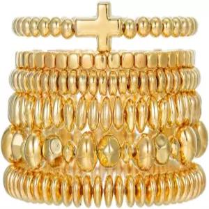 여성용 LXSSLY 5Pcs 골드 비드 팔찌 세트 14K 도금 스태커블 볼 조절 가능한 청키 뱅글 보호 스트레치