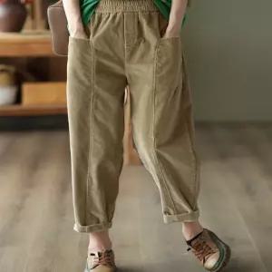 여성바지 가을 빈티지 코듀로이 배기 밴딩 허리 패치 슬림핏 융 팬츠 심쿵해외구매