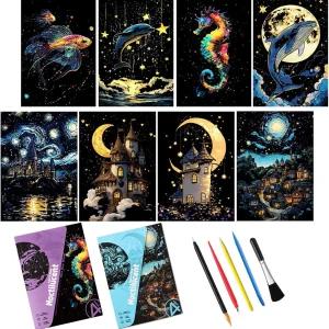 8장 스크래치 아트 야광 무지개 종이 공책 페인트 바이 키트 도구 (캐슬 앤 애니멀 ) 선물
