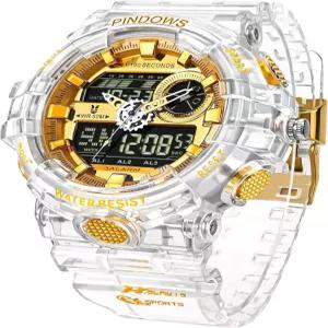 남성용 PINDOWS 시계 투명 골드 아날로그 디지털 듀얼 타임 50M 방수 알람 기능이 있는 LED 백라이트