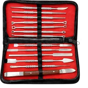 Zyrev 13피스 스테인리스 스틸 이중 끝 점토 조각 및 도구 세트 가죽 케이스(실버)