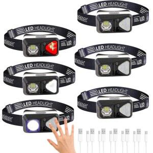 힐가브 6팩 충전식 헤드램프 손전등, 화이트 레드 라이트가 장착된 LED 헤드램프, 초밝은 USB-C 헤드라이트 모션 센서 11모드 야외 캠핑 러닝 하이킹 낚시용