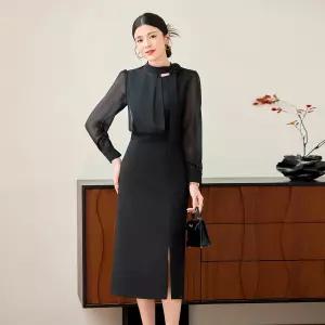 여성원피스 봄가을 블랙 긴팔 셔츠 원피스 슬림핏 오피스룩 통근 스커트 심쿵해외구매