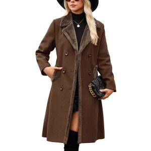 위푹스 여성 겨울 더블 브레스트 슬림 핏 인조 모피 라펠 드레스 코트 따뜻한 롱 재킷