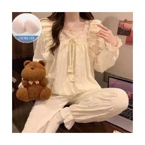 띠엔다 커플 잠옷세트 실내복 빈티지 파자마 가을 대범한 솔리드 긴팔 패드 공주 세트 ADOR3