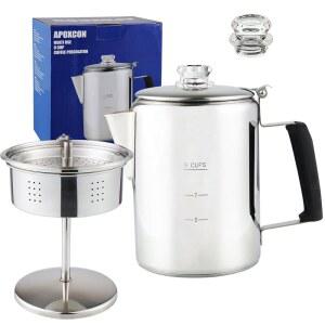 아 콘 다목적 퍼콜레이터 커피포트 스테인리스 스틸 스토브 탑 커피 메이커 보로실리케이트 유리 손잡이 실리카 캠핑용 캠프파이어 및 인덕션 쿠커 실버 9컵 사용