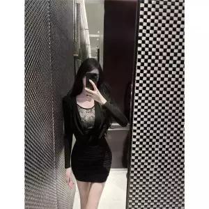 스트레인지 여사친 원피스 스커트 페이크 플리츠 데일리룩 직각 랩 터틀넥 긴팔 레이스 KUK1