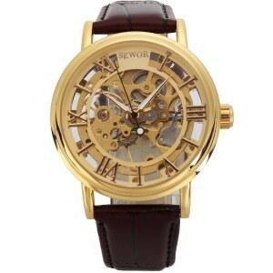 SEWOR 남성용 기계 골격 투명 빈티지 스타일 가죽 손목시계 골드