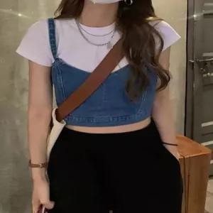 데님 뷔스티에 크롭 끈나시 튜브탑 민소매 나시티 슬리브리스