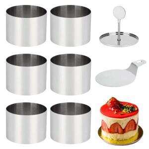 푸셔 1 터 1개가 포함된 Ismosm 6팩 케이크 링 몰드, 3인치 심리스 미니 치즈 커터 세트, 무스용 스테인리스 스틸 푸드 음식 플레이팅, 쿠키, 베이킹(원형)