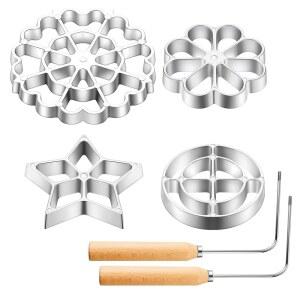 Zilini 6개 로제트 철제 몰드 세트 손잡이가 있는 부뉴엘로스 키트 쿠키 커터 알루미늄 합금 와플 메이커 3개 교체 가능한 헤드 스타 플라워 서클(나무)