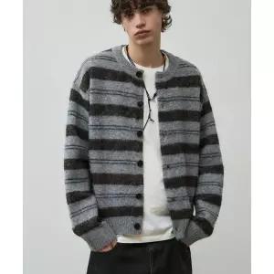 ALYSS 헤어리 스트라이프 크롭 니트 가디건 [라이트그레이]