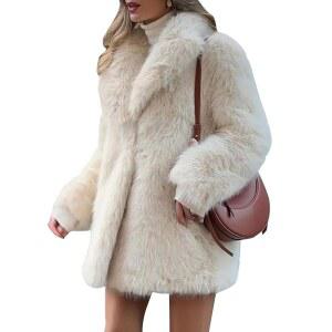 PE EA 여성용 중간 길이 인조 모피 코트 겨울 따뜻한 퍼지 재킷 라펠 패션 럭셔리 플러피 샤기 파카