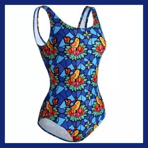 화려한 여성 수영복 강습 수영복 브랜드 고급  블루버드꽃 브라캡내장형 아쿠아 u백 로우컷수영복 고급소재
