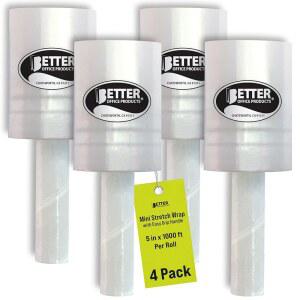 더 나은 사무용품 4팩 미니 스트레치 랩, 간편한 그립 핸들, 셀프 디스펜싱, 롤당 5인치 x 1000피트, 80게이지, 수축 산업용 필름, 이동 및 배송용,