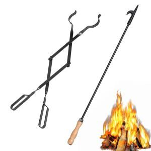 26인치 벽난로 불 구덩이 집게 및 32인치 포커, 나무 난로 장작 집게, 캠프파이어, 모닥불, 실내외 사용을 위한 블랙 헤비 듀티 연철 통나무 잡기 도구