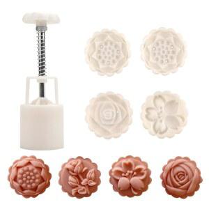 분홍색 중국 꽃 월병 프레스 금형, 손으로 누르는 디저트 DIY, 다양한 명절을 위한 우표 4장이 포함된 퍼프 페이스트리 금형 1개, 파티 (4*꽃)