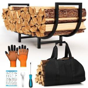 통나무 운반기가 있는 장작 랙 실내용 34인치 벽난로 나무 홀더, 검은색 야외 보관 정리함 안정적인 금속 헤비 듀티 파티오 데크, 운반 도구